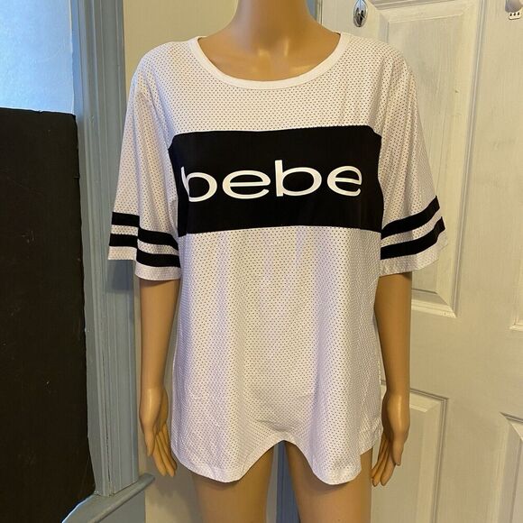 Y2K Bebe Sport Womens L Mesh Jersey White Black Shirt Striped Teamfree Short Slv - Picture 3 of 7